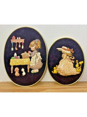 Pair SEBI Uruguay Oval Wall Plaques Felt Black Gold Girl Kitchen Dog VTG